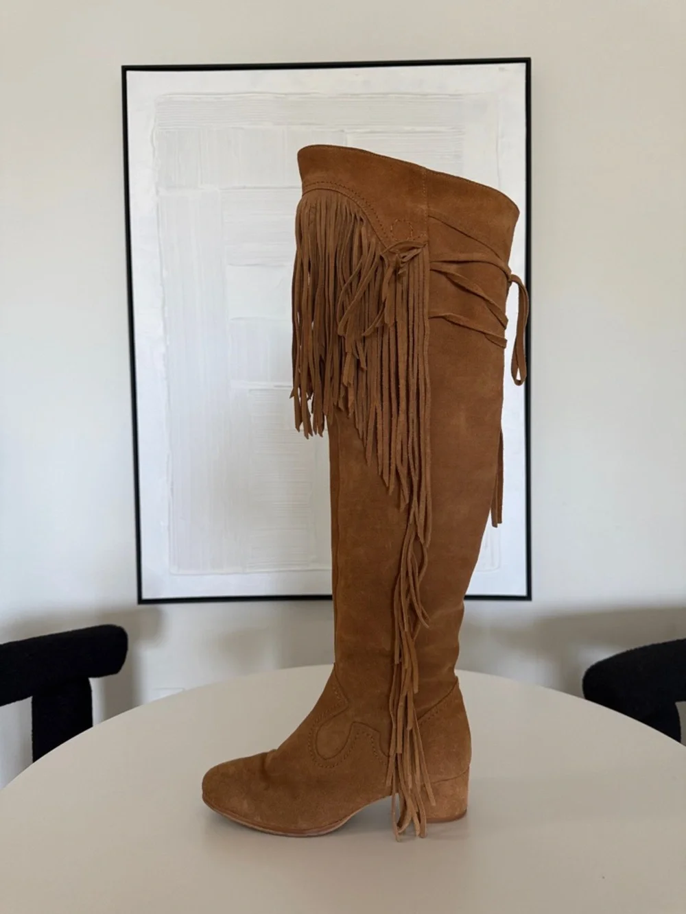 ZARA Festival Fringe Over-the-Knee Suede Boots - Tan